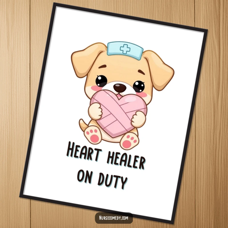 Funny Kawaii Puppy Nurse Digital ArtPrintable Image of Puppy Holding Bandaged Heart, Humorous Decor, Funny Gift
