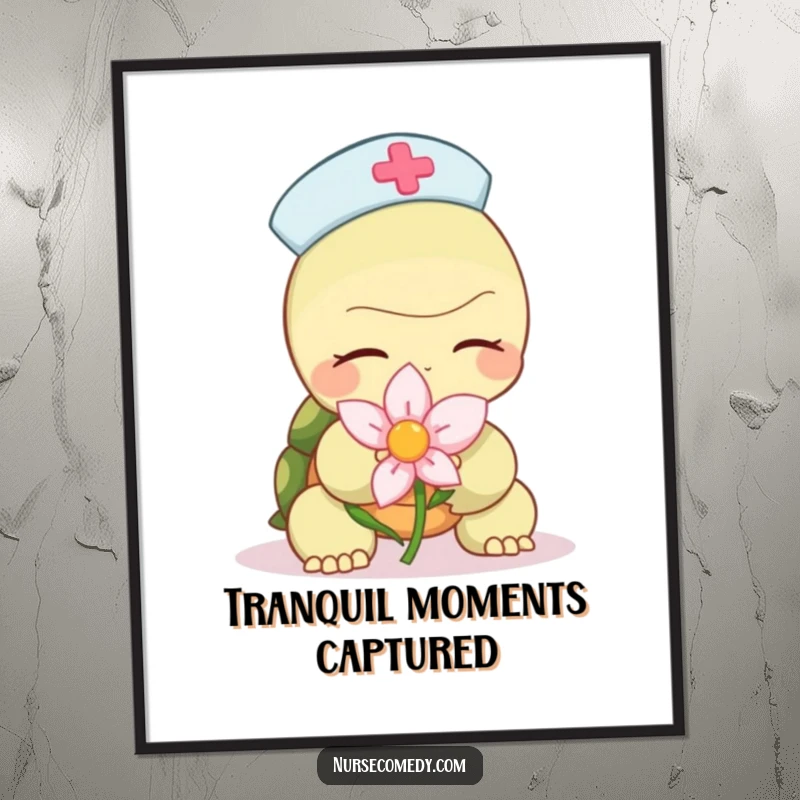 Funny turtle nurse digital art print, featuring a character slowly offering a calming flower, for instant, humorous, and heartwarming wall decor.