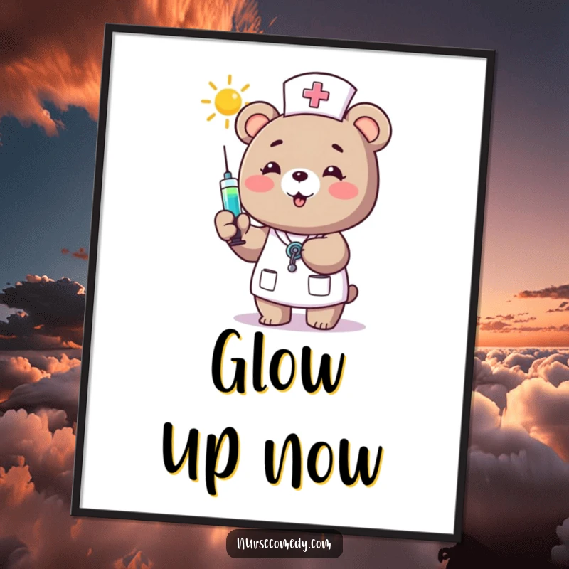 Funny Bear Nurse Digital Art: A happy bear nurse offers a syringe filled with sunshine, creating a downloadable piece of heartwarming wall art.