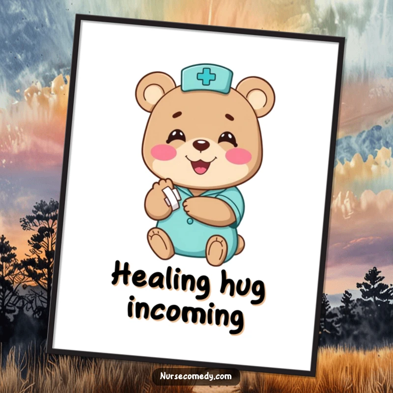 Funny bear nurse digital art print, a happy character comically bandaging a small paw with a big smile, instant wall decor, funny gift.
