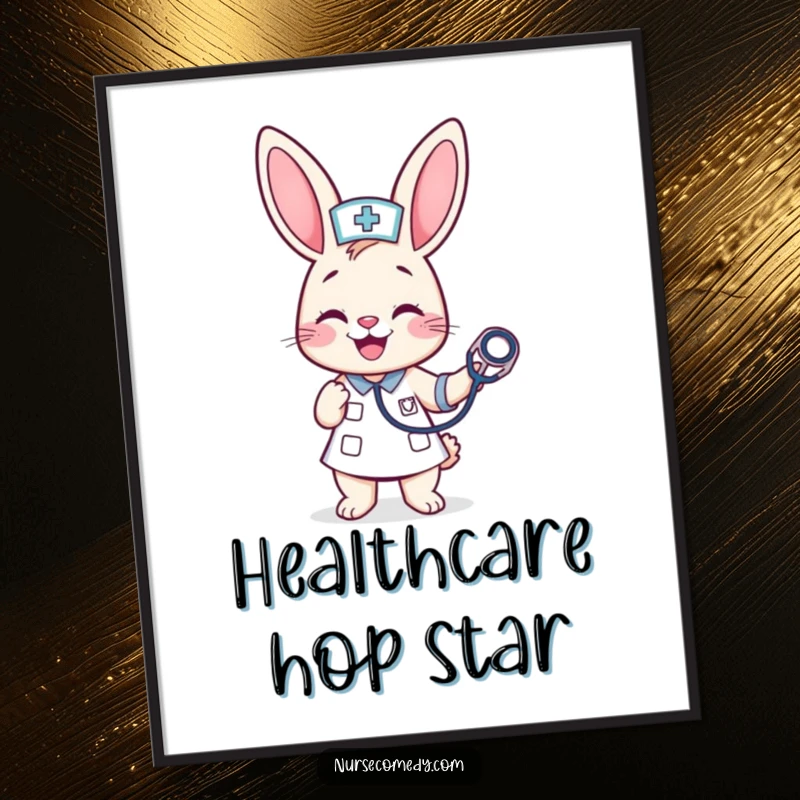 Funny Kawaii Bunny Nurse Digital Art: A cheerful bunny nurse bounces a stethoscope, offering instant printable healing humor and positivity.