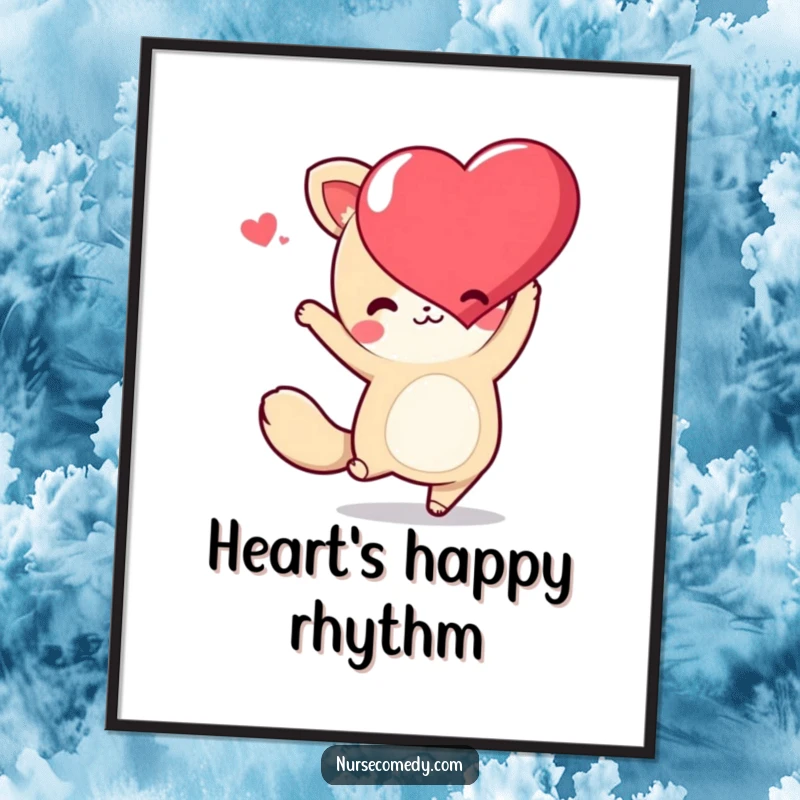 Funny Kawaii Animal Digital Art Print of a cute character gleefully dancing with a heart, radiating pure joy and energy.