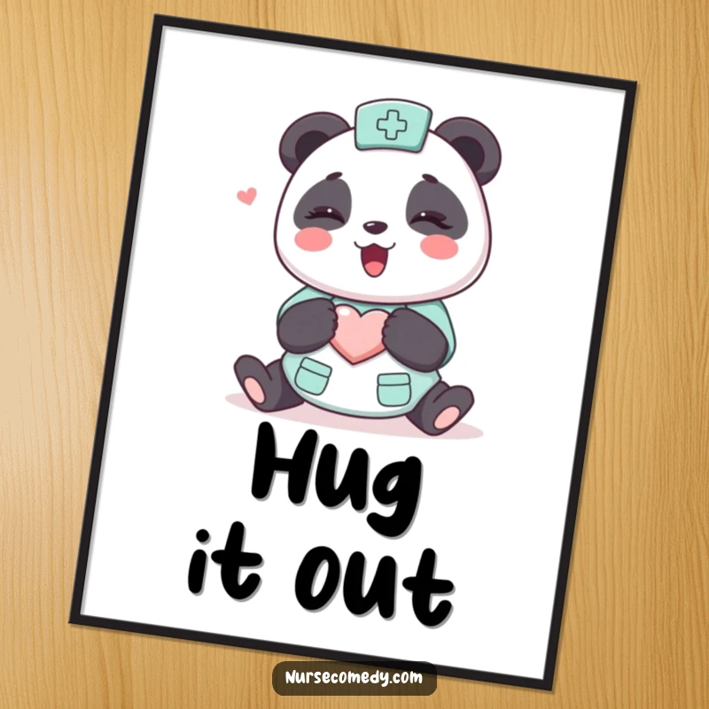 Funny Kawaii Panda Nurse Digital Art Print, cute cartoon character giving a hug, heart on chest, cheerful printable decor.
