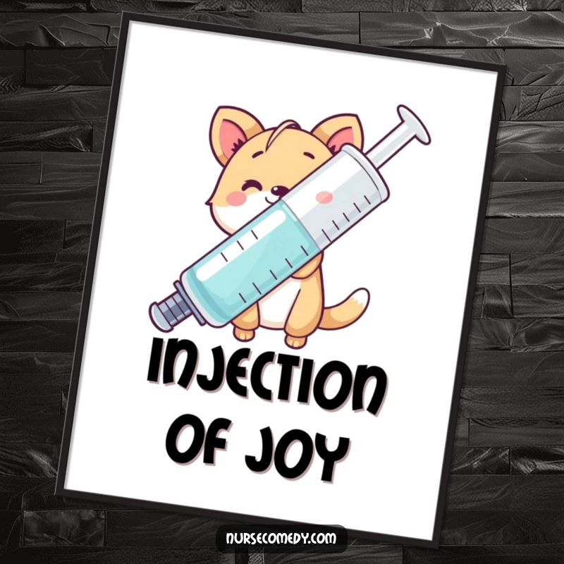 Funny animal character peeking from behind a giant syringe, digital art print, instant wall decor.