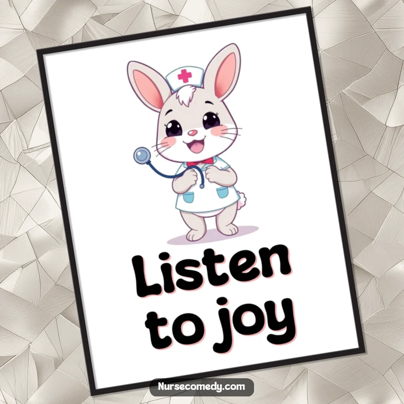 Funny Kawaii Bunny Nurse Digital Art: Merrily bouncing a stethoscope with a cheerful grin, radiating playful healing. Perfect funny gift.