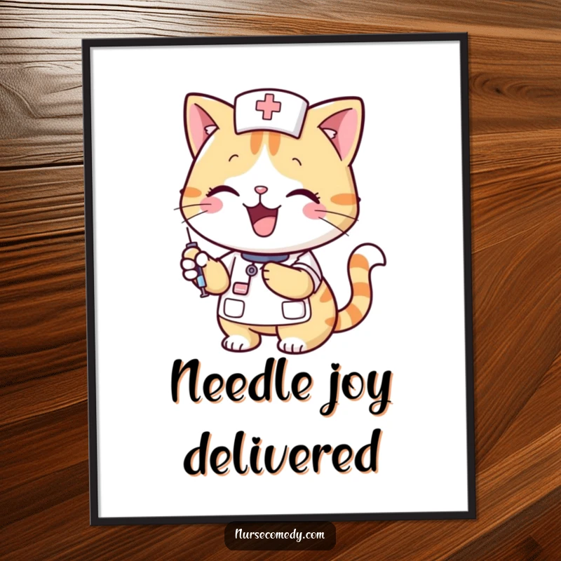 Funny smiling cat nurse with a syringe, ready as a digital art print for instant humorous wall decor, a perfect funny gift.