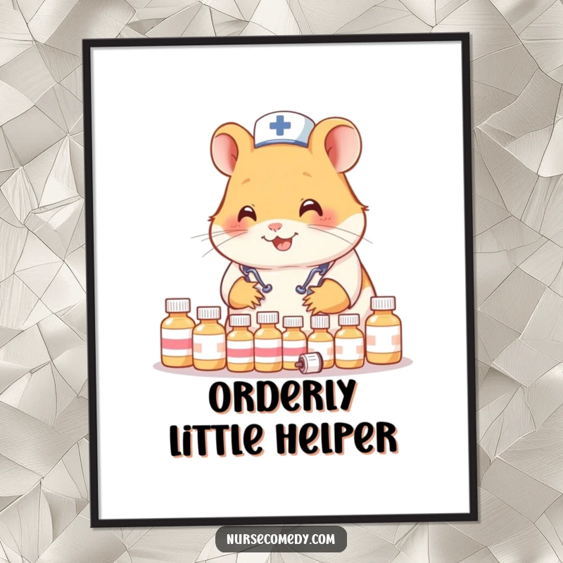 Funny Hamster Nurse Digital Art Print: High-quality illustration of a happy hamster doctor organizing tiny medicine bottles.