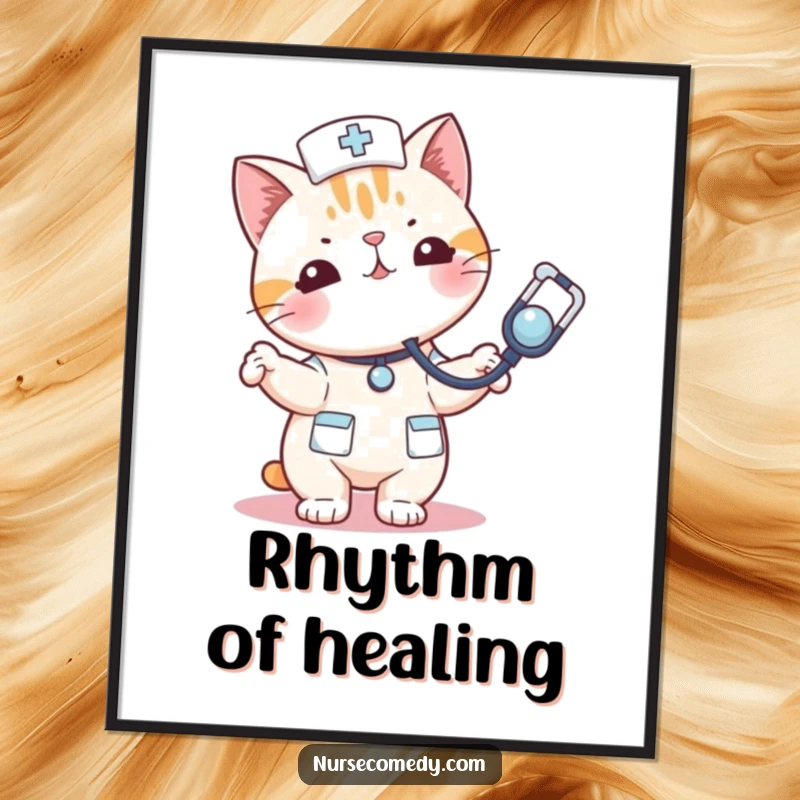 Funny kawaii cat nurse digital art print playfully bouncing a stethoscope like a toy, perfect for whimsical decor.