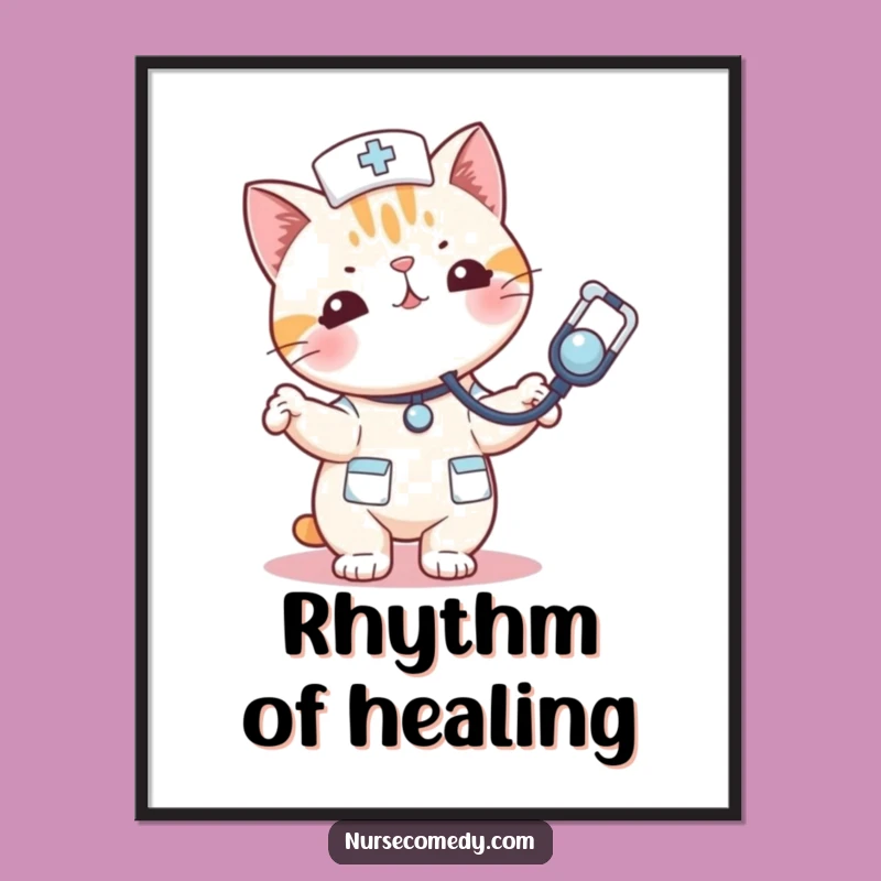 Funny Kawaii Cat Nurse Stethoscope Digital Art: Instant Whimsy for Your Walls