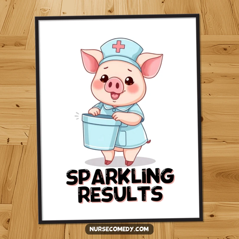 Funny digital art print of a pig nurse character holding a tiny bedpan and waving, celebrating cheerful care.