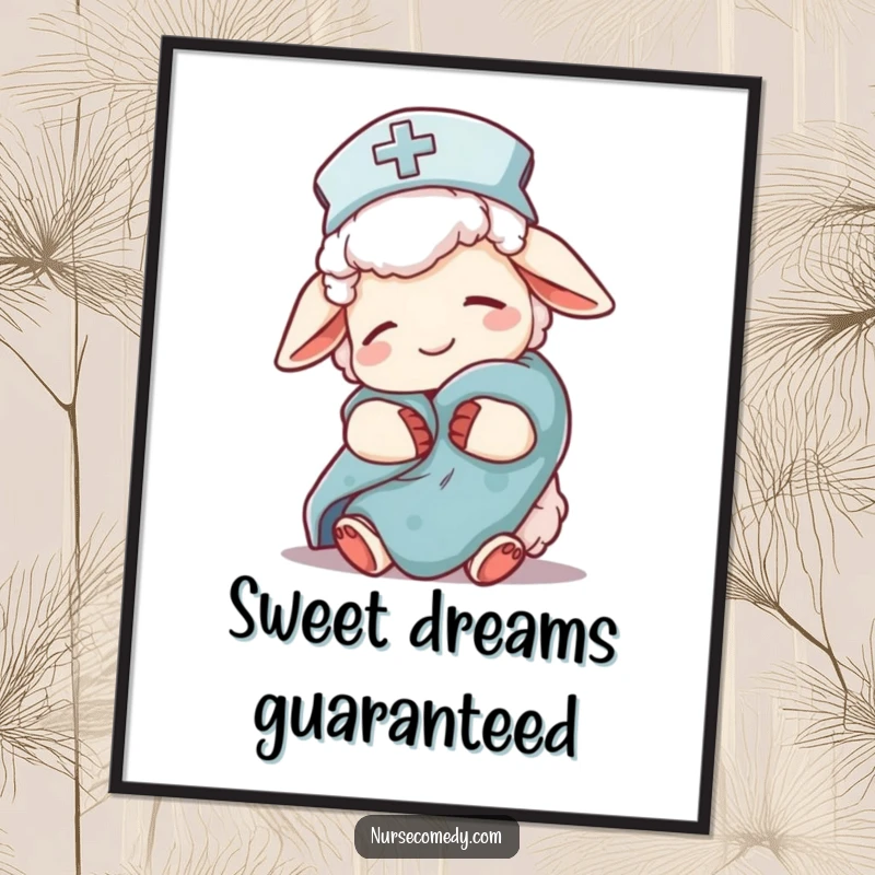 Funny sheep nurse character, downloadable art print, nightcap, comfort blanket, conveying sleepiness and care for any use.