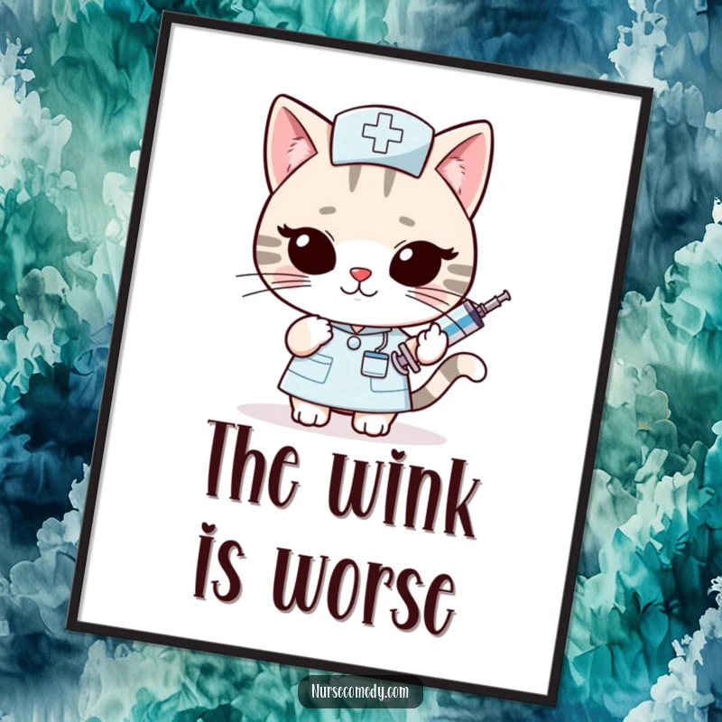 Funny Kawaii Cat Nurse Digital Art: Slyly offering an oversized syringe with a wink, radiating playful mischief. Perfect funny gift.
