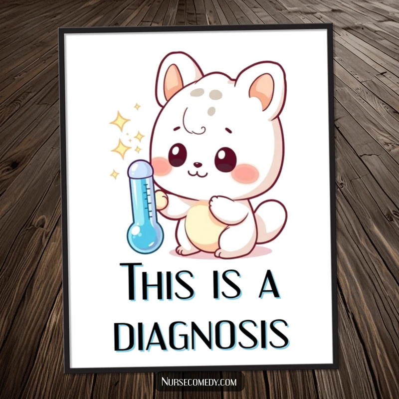 Funny digital art print of a curious kawaii animal character examining a sparkling thermometer, an artistic and humorous piece.