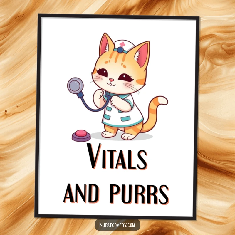 Funny Cat Nurse Digital Art featuring a playful cat in nurse scrubs, gleefully bouncing a stethoscope, ready to be printed and displayed.