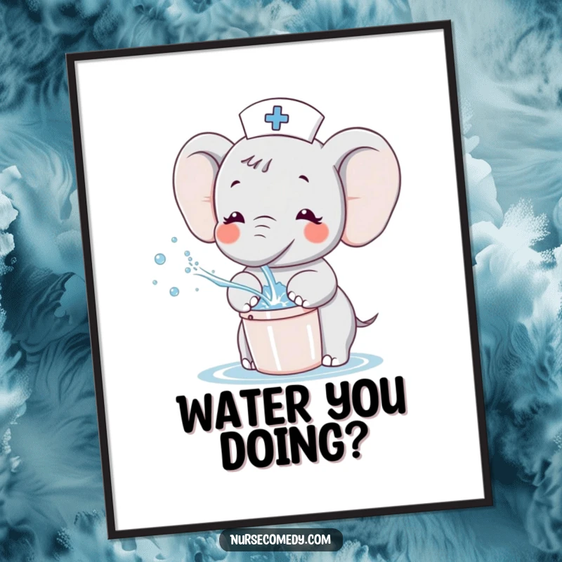Funny Kawaii Elephant Nurse Digital Art Print, cute cartoon elephant joyfully splashing water from a tiny bucket, cheerful printable decor.