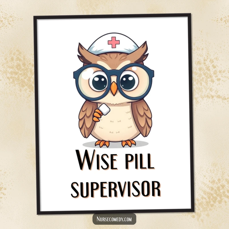 Funny owl nurse digital art print of a curious owl wearing large spectacles, intently looking at a pill, perfect for art lovers.