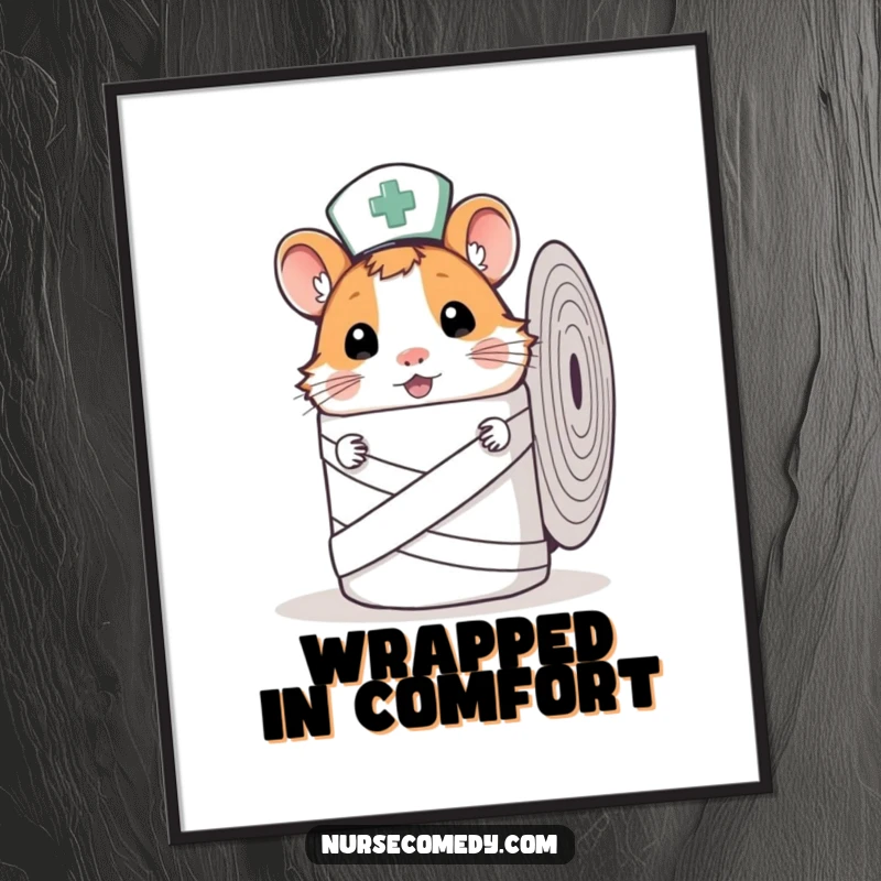 Funny Hamster Nurse Digital Art Print of a curious hamster nurse peeking from behind a bandage roll, ready for download.