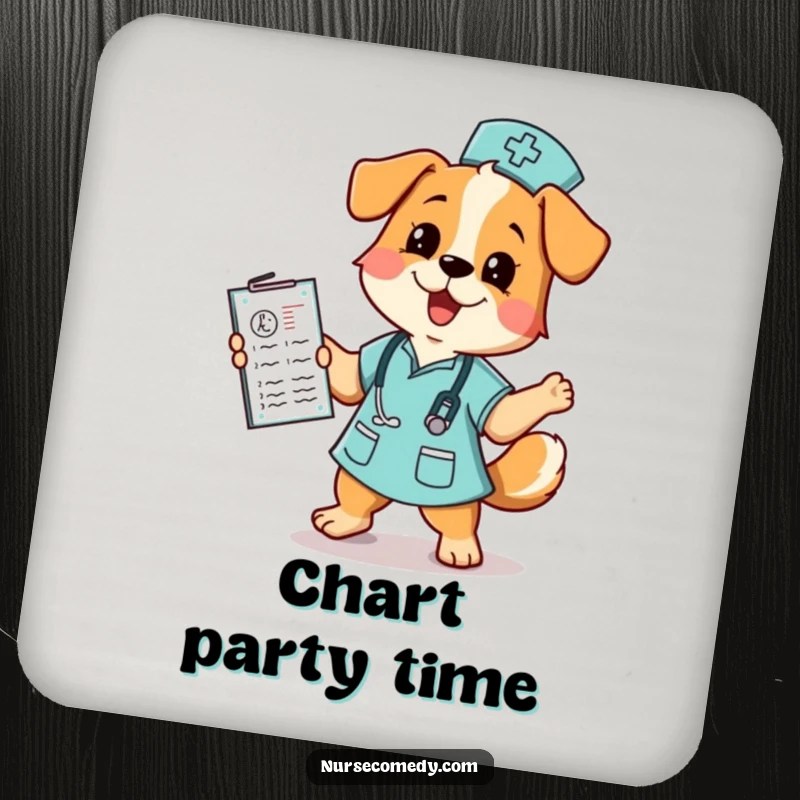 Funny dog nurse coaster featuring a playful dog nurse dancing with a medical chart, safeguarding furniture with a smile.