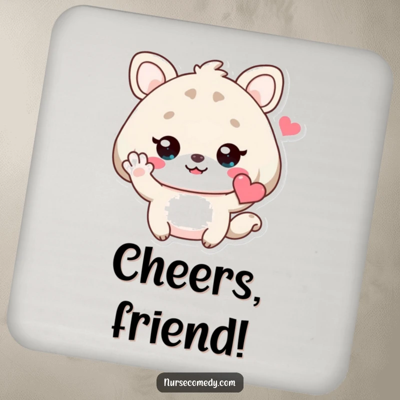Funny Kawaii Animal Coaster showing a cute character waving with a heart, adding a friendly touch to any surface.