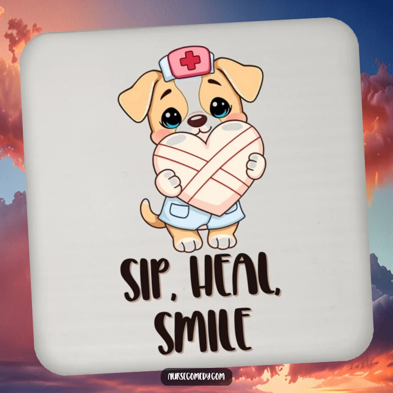 Funny Kawaii Puppy Nurse Drink Coaster: A charming illustration of a puppy nurse with a bandaged heart, adding a touch of sweetness to drink protection.