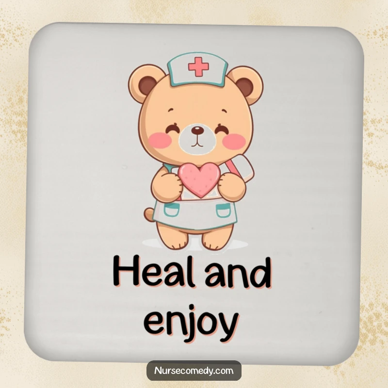 Funny Drink Coaster: A bear nurse holds a bandage with a heart. Protects surfaces with caring humor.
