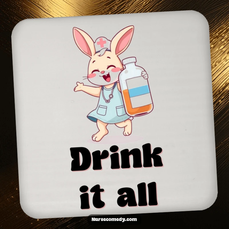 Funny bunny nurse coasters, jumping character humorously giggling with a large medicine bottle, protect surfaces humorously, funny gift.