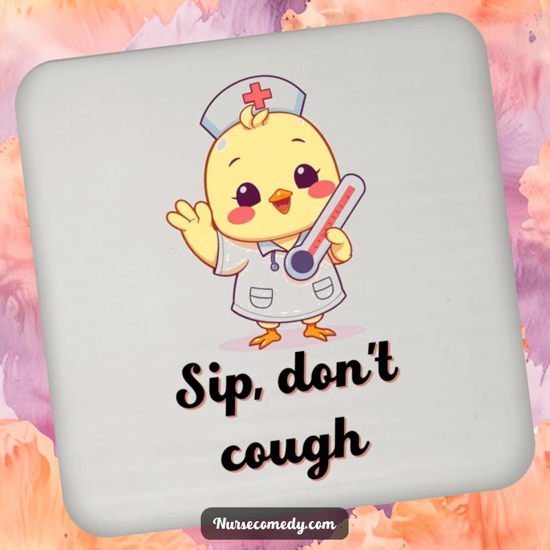 Funny Kawaii chick nurse waving on a round drink coaster, protecting furniture with care.