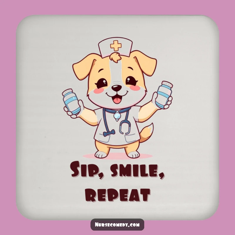 Funny Dog Nurse Coaster: Juggling Medicine Bottles with Glee!