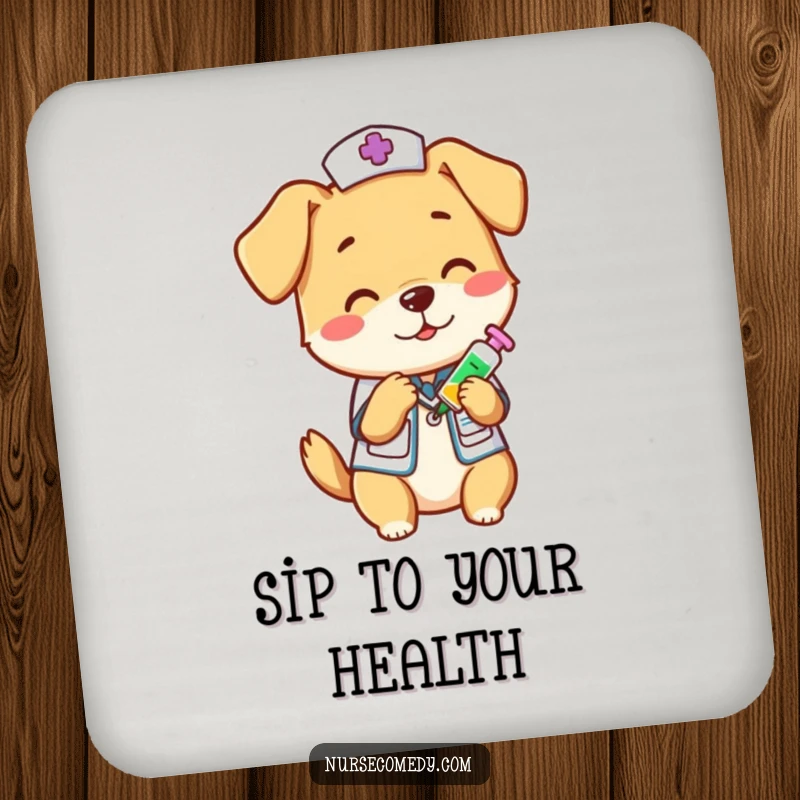 Funny dog nurse administering a vitamin shot on a drink coaster, adding a humorous and caring touch to beverage service, a nice funny gift.