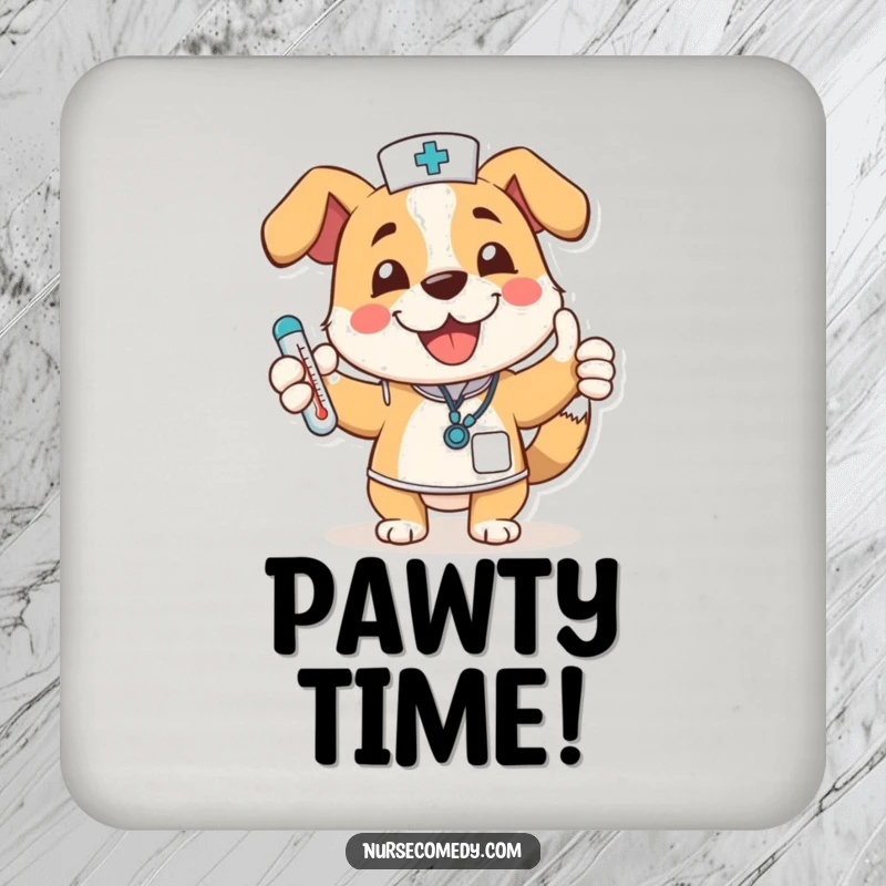Funny dog nurse character on drink coasters, wagging tail, thumbs up, thermometer, protecting surfaces with cute and humorous charm.