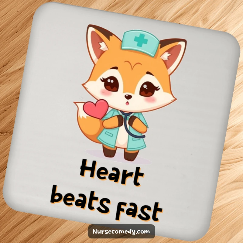 Funny Fox Nurse Drink Coaster featuring a curious fox and stethoscope near a heart, protecting surfaces humorously.