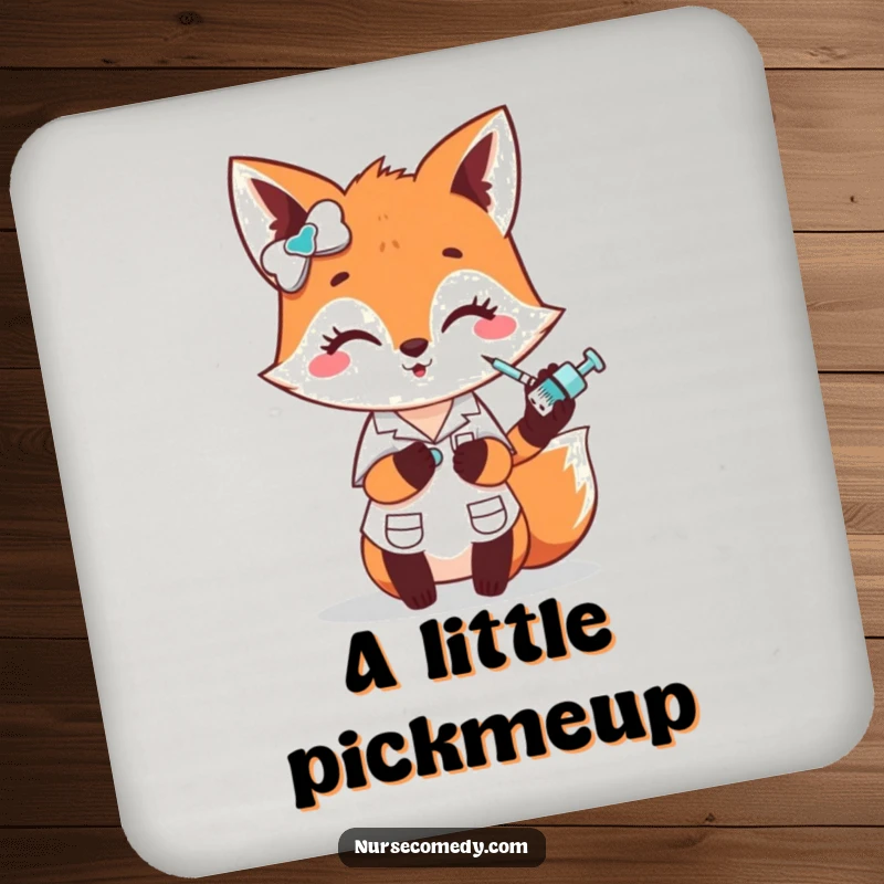 Funny fox nurse coasters, cute character humorously administering a small poke with a tiny syringe, protect surfaces humorously, funny gift.