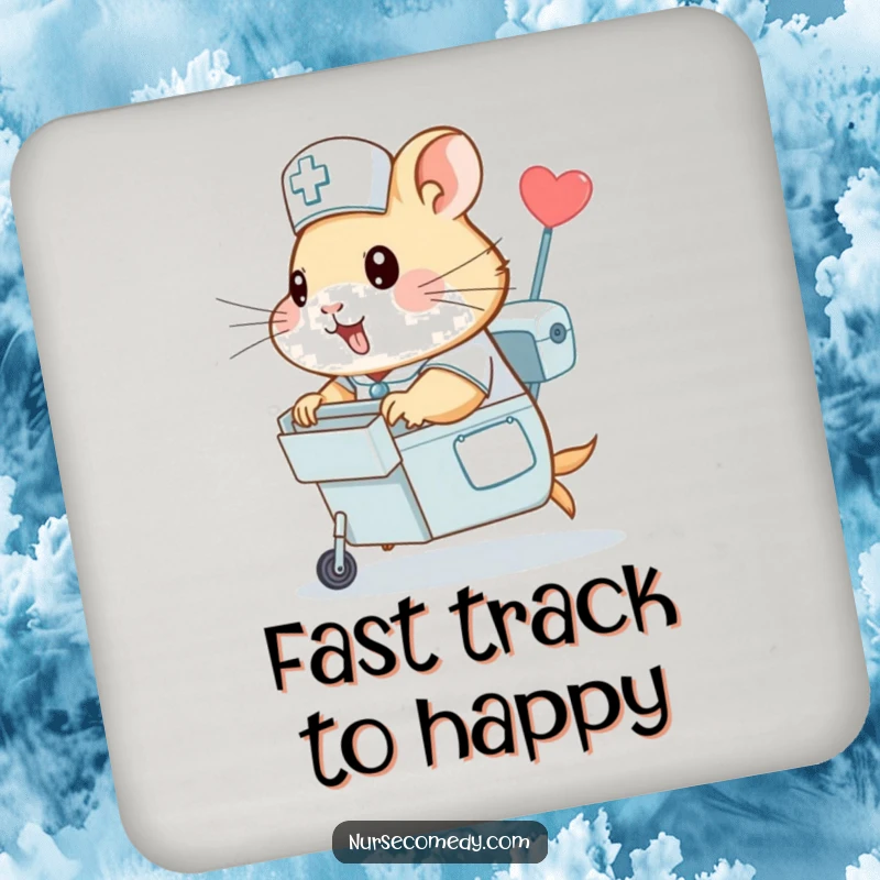 Funny hamster nurse drink coaster, a hamster in nursing attire zipping with a medicine cart, protecting surfaces with adorable and speedy humor.