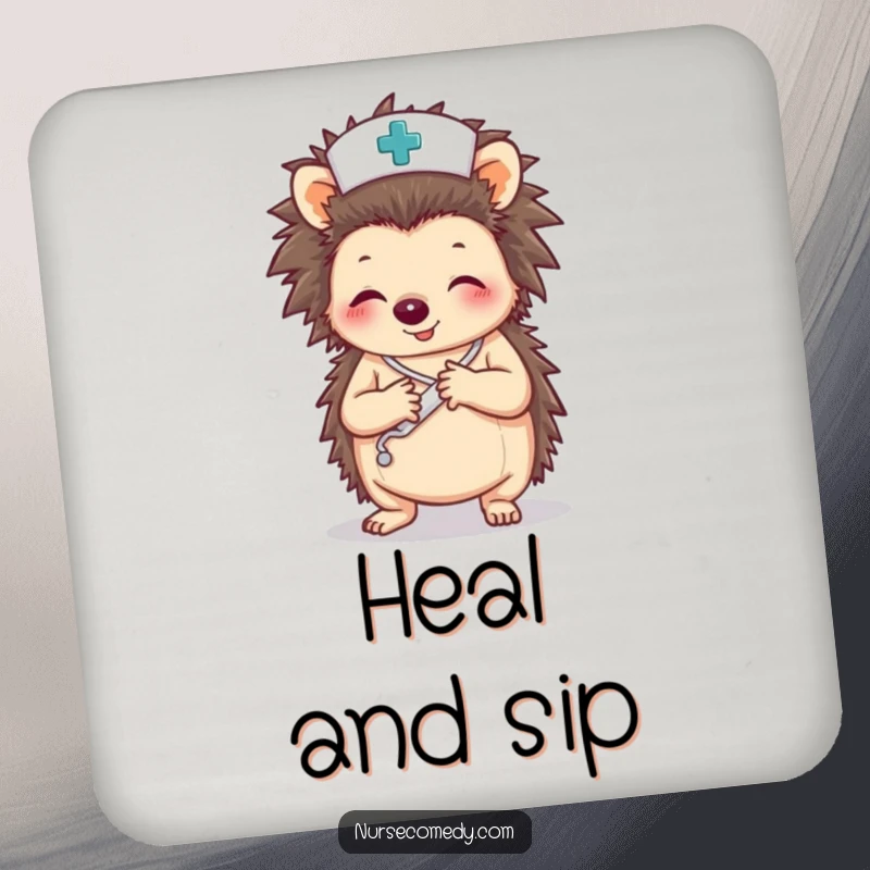 Funny coaster set with a hedgehog nurse character carefully wrapping a paw with a bandage, adding humor.