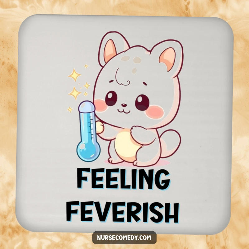 Funny drink coaster with a curious kawaii animal character examining a sparkling thermometer, adding humor to drink service.