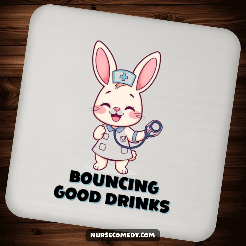 Funny Kawaii Bunny Nurse Coaster: A cheerful bunny nurse bounces a stethoscope, adding a splash of medical humor to your table setting.