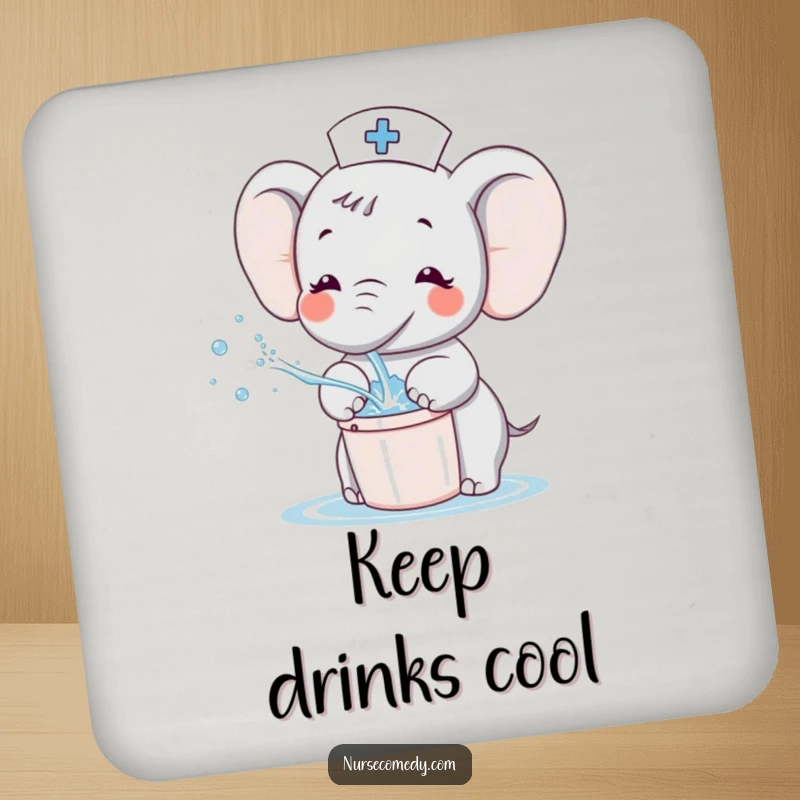 Funny Kawaii Elephant Nurse Coaster, cute cartoon character splashing water with a bucket, protects surfaces with charm and joy.
