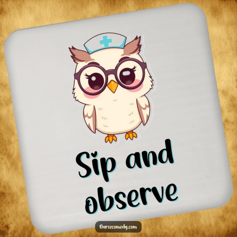 Funny Kawaii Owl Nurse CoastersPeering Through Oversized Spectacles with a Smile, Protecting Drinks with Humor, Funny Gift