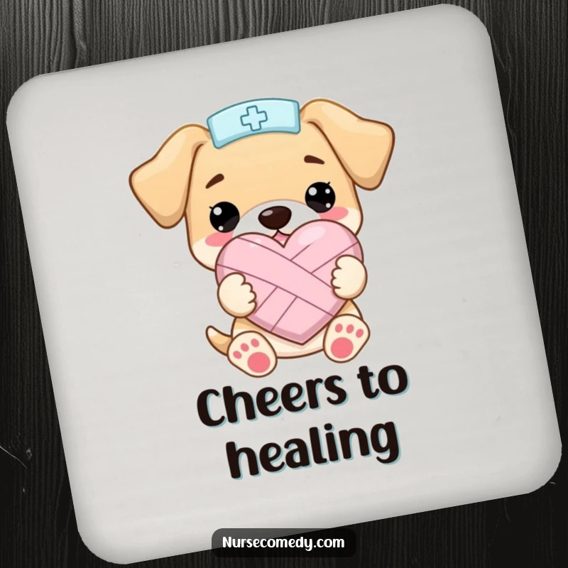 Funny Kawaii Puppy Nurse CoastersHolding a Bandaged Heart Shape Happily, Protecting Drinks with Humor, Funny Gift
