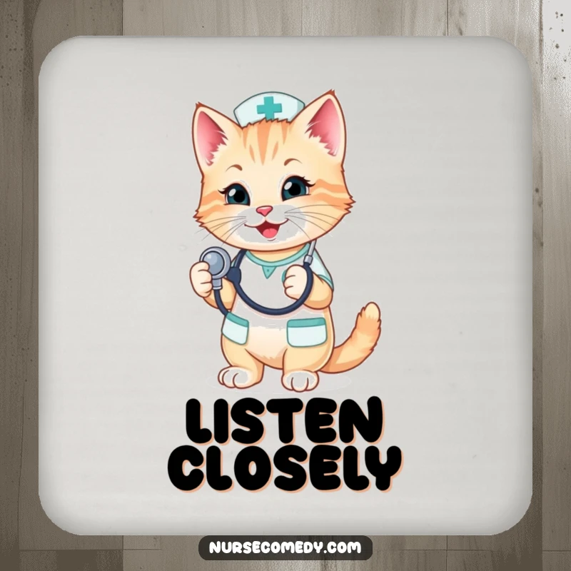 Funny Kitten Nurse Coaster: A charming kitten nurse playfully holds a stethoscope, adding a humorous and practical element to protect your surfaces.