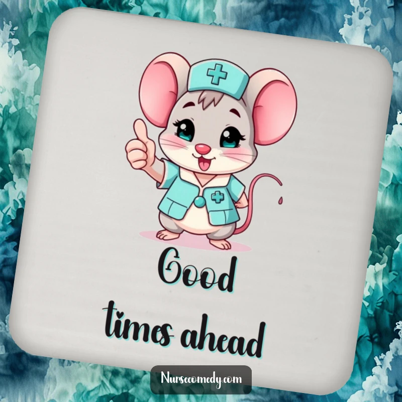Funny mouse nurse drink coaster, a cute character giving a cheerful thumbs up, protects surfaces.
