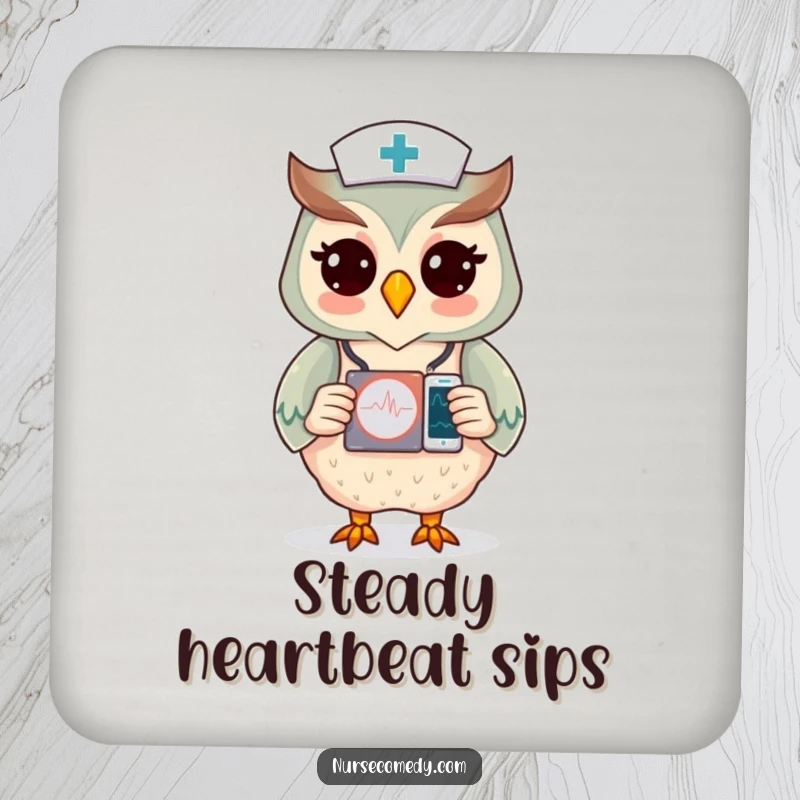 Funny coaster set with an owl nurse character checking a heart monitor display, adding humor.