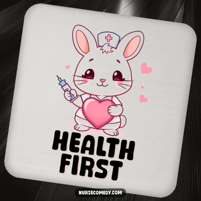 Funny rabbit nurse drink coasters with a winking bunny, syringe, and heart, adding a humorous and protective touch to surfaces.