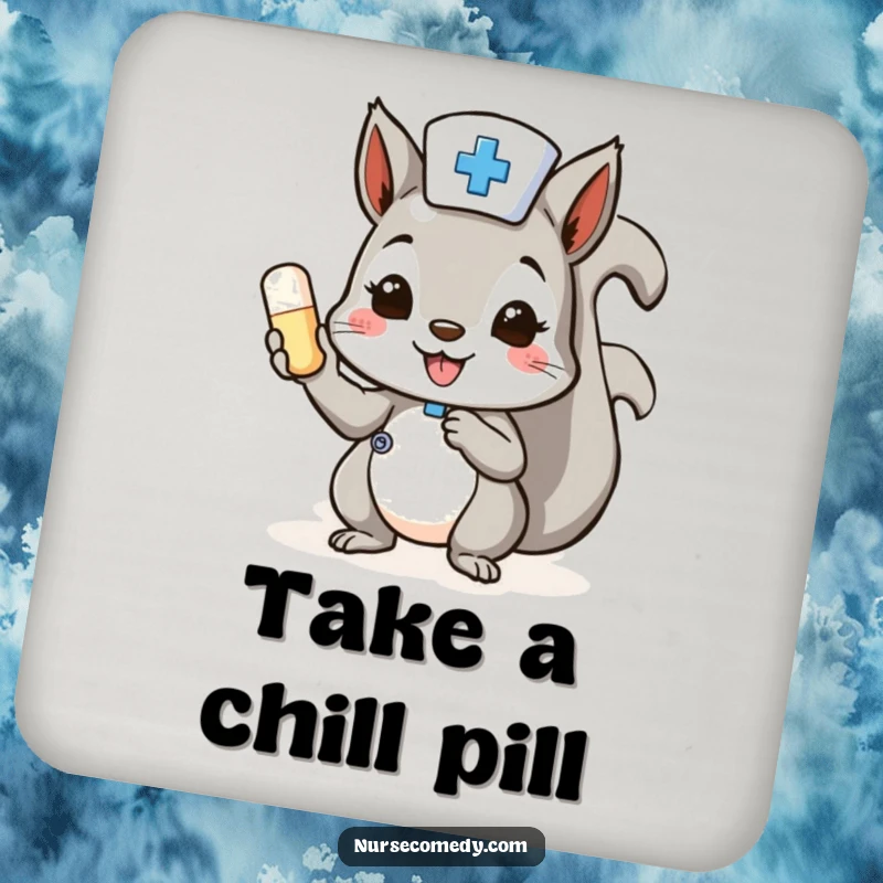 Funny Squirrel Nurse Drink Coaster: cheerful squirrel with a pill, protecting surfaces with humor.