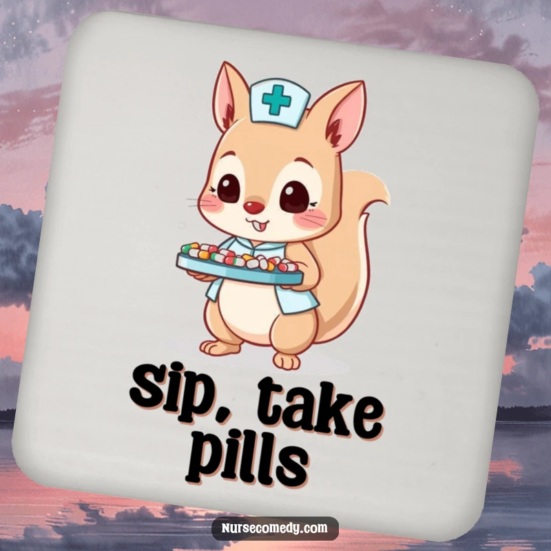 Funny coaster set with a squirrel nurse character balancing a tray of tiny pills, adding humor.