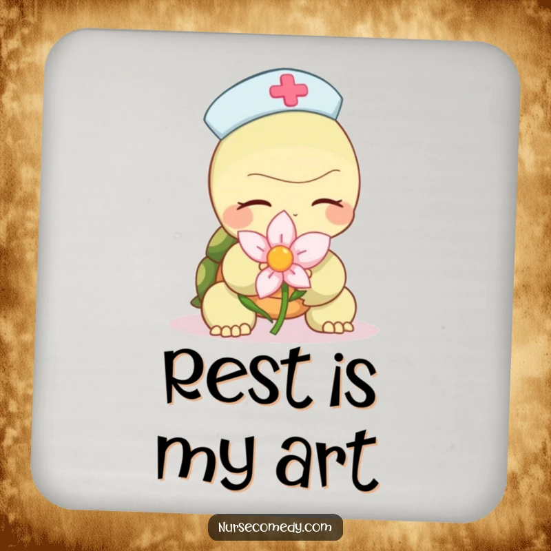 Funny turtle nurse drink coaster with a character slowly offering a calming flower, protecting surfaces with gentle humor.