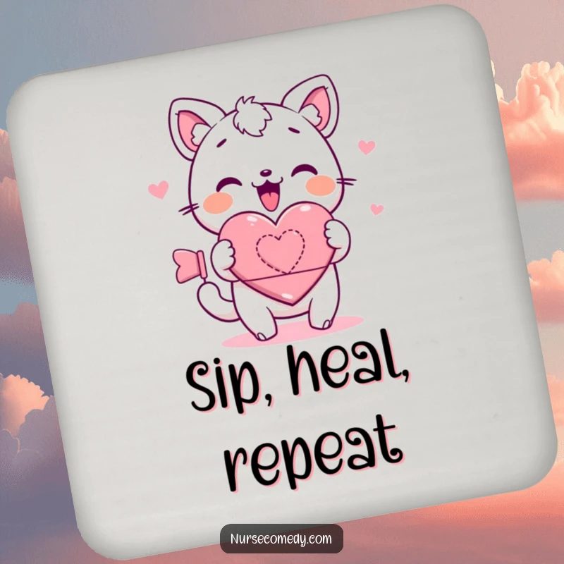 Kawaii drink coasters featuring a cute animal character rolling a heart bandage, adding a touch of adorable care and healing to any table.