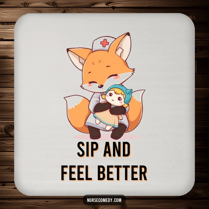 Funny fox nurse character giving a comforting hug to a doll on a drink coaster, a cute and practical addition.