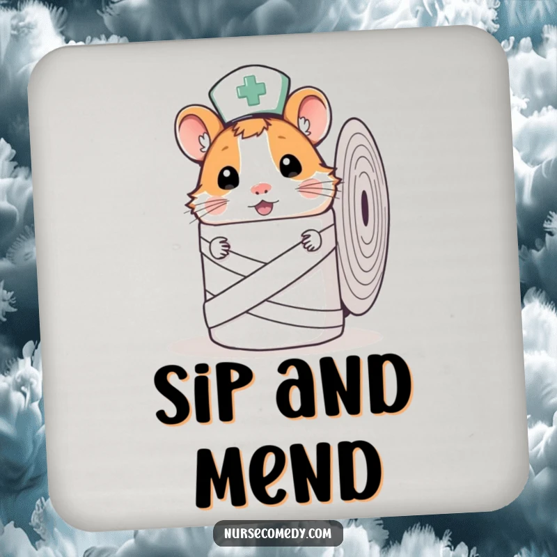 Funny Hamster Nurse Coaster with a curious hamster nurse peeking from behind a bandage roll, protecting furniture.