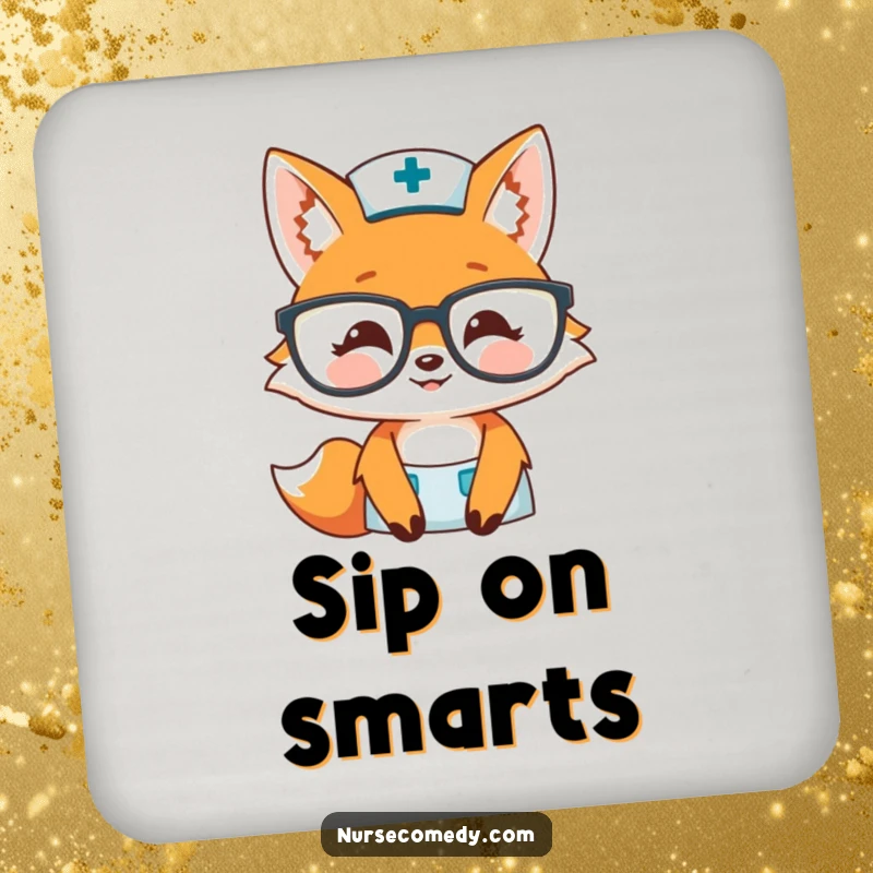 Funny fox nurse drink coasters with a smiling fox over glasses design, protecting tables with warmth and humor, a great funny gift.